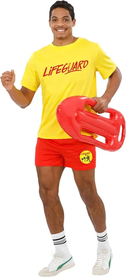 Smiffys Baywatch Rettungsschwimmer Kostüm für Herren - Lizenziertes Baywatch Kostüm mit gelbem T-Shirt & roten Shorts - 90er Jahre Strandparty & TV Thema - XL