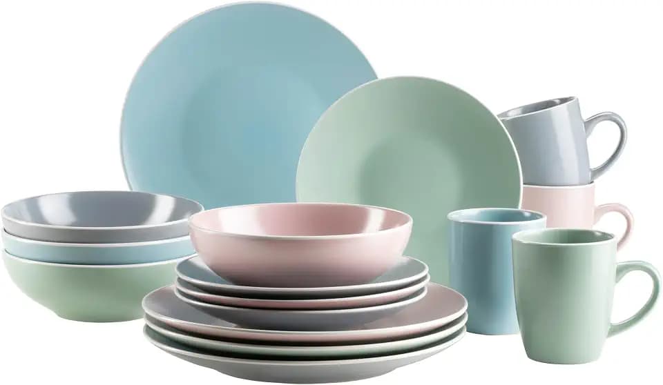 MÄSER 934006 Serie Elissa, Modernes Geschirr Set für 4 Personen in bunten Mattglasuren mit weißem Rand, 16-teiliges Kombiservice, Steinzeug, Bunt, Grau, Türkis, Rosa, Grün