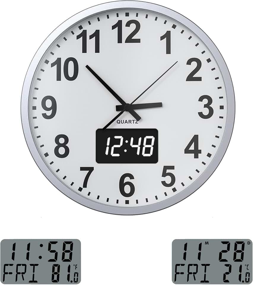 KWANWA Digital Wanduhr, lautlos, LED, Kalender, Temp., Batterie, 12H，30.5cm