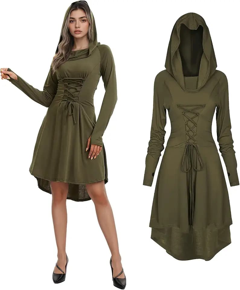 Mittelalter Kleid Damen,Renaissance Mit Kapuze Langarm Kostüm
