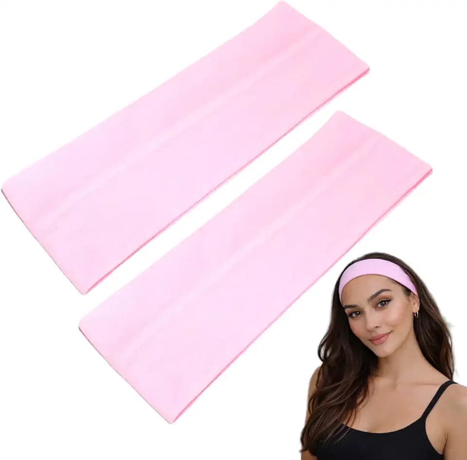 WESTEND CHOICE 7 cm breite Stirnbänder, 2 Stück, einfarbig, dehnbar, Uni, Kylie-Stirnband, Bandeau-Stirnbänder für Damen und Herren, weiches Yoga-Stirnband (Hellrosa)