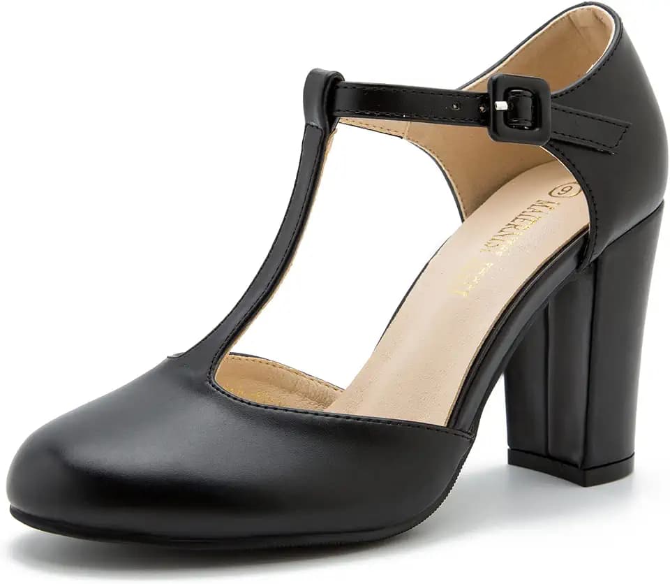 Women's T-Strap Mary Jane Pumps, Chunky Heel, Vintage Style, Cut Out, 3.54 Inch Round Toe Dress Shoes
