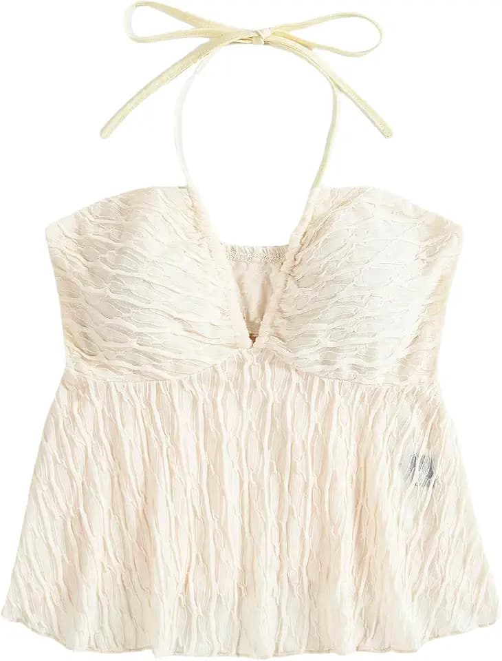 SHENHE Women's Tie Halter Neck Backless Ruffle Hem Sexy Peplum Crop Top Sleeveless Top