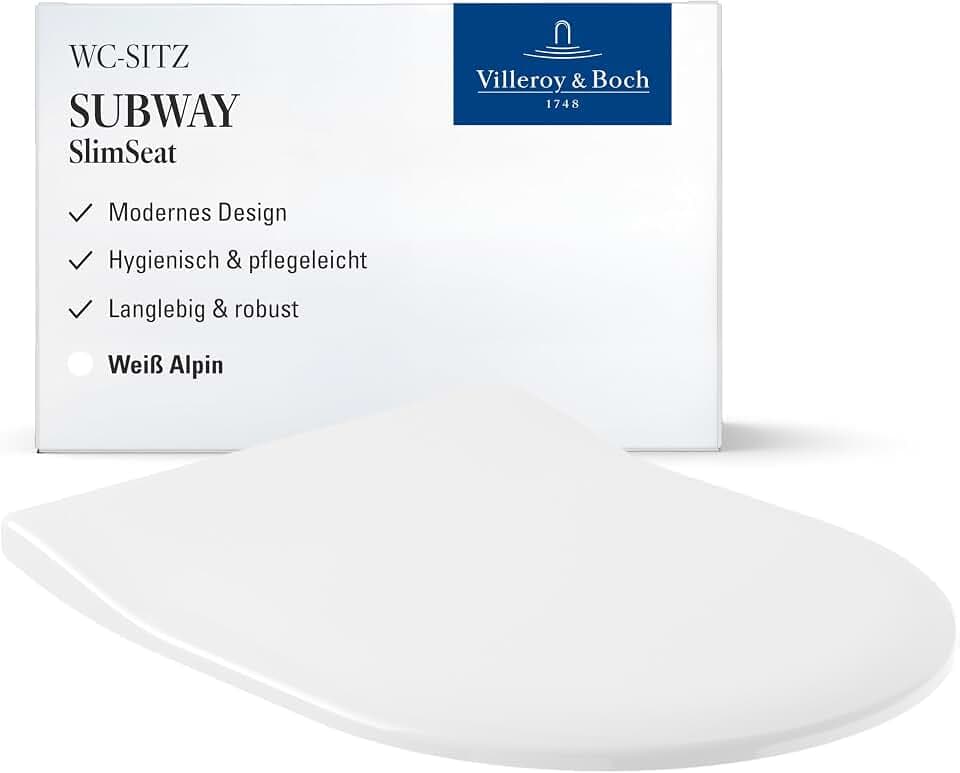 Villeroy & Boch Subway SlimSeat WC-Sitz, D-Form – Weiß Alpin, glänzend | Mit Edelstahl-Scharnieren, ultraflach, aus bruchsicherem Duroplast, Original Ersatzteil, 9M656101