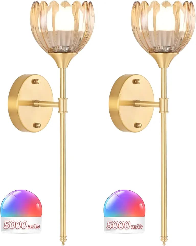 Shenmoyl Battery Operated Wall Sconce Set of 2, Amber Tulip Vintage Wall Light Fixture Rechargeable 5000mAh Battery Powered Wall Lamp with Remote for Living Room Bathroom