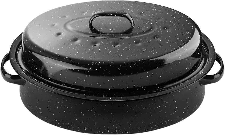 Roasting Pan Oval 16 Inch Enamel Steel with Lid,Black Covered Roaster Pan