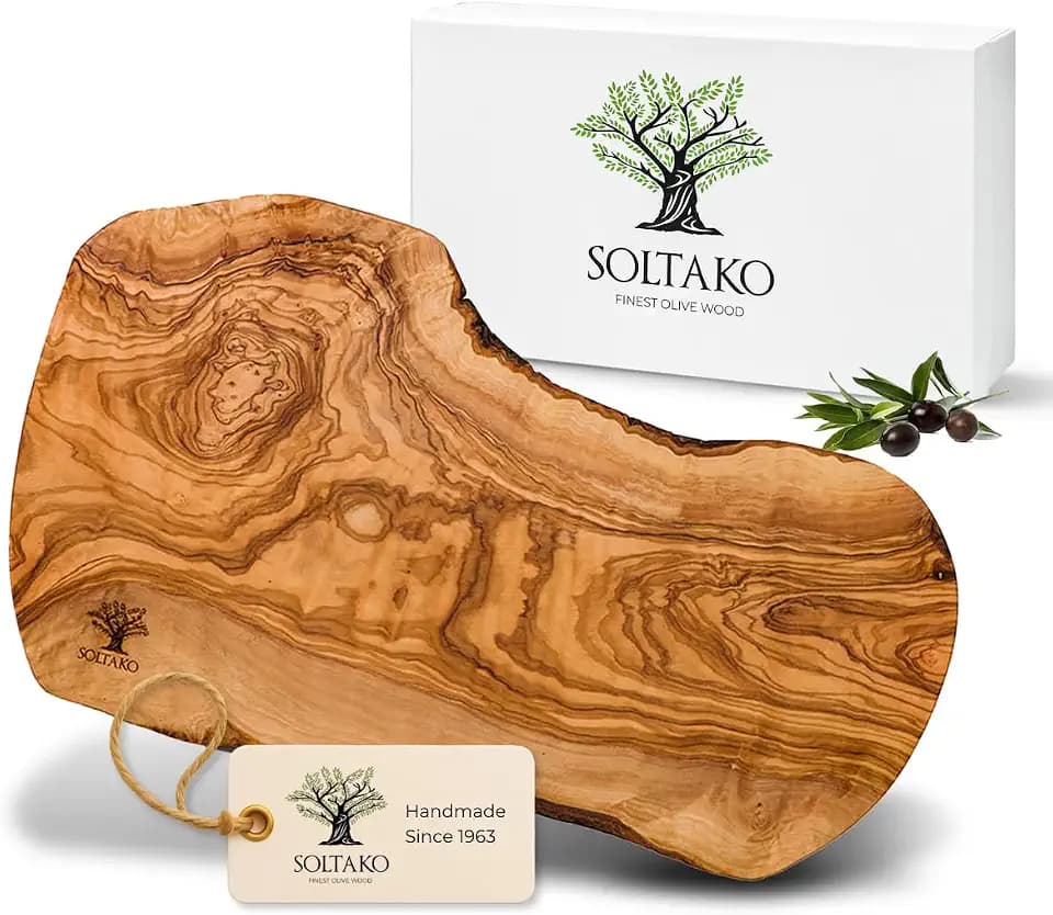 SOLTAKO "The Catania Rustic Board" Brett aus Olivenholz (40-43 cm) Olivenholzbrett Schneidebrett, Holzbrett, Frühstücksbrett, Steakbrett, Naturschnitt (40 x 17 x 2 cm)