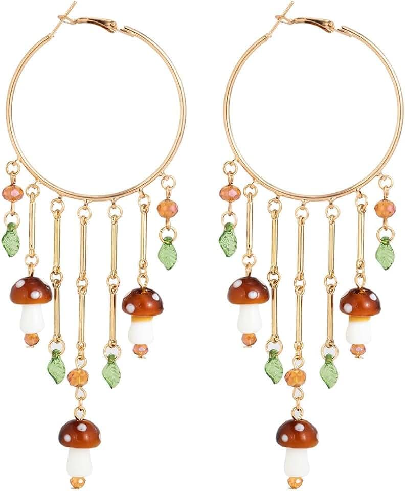 Colorful Boho Tassel Hoop Earrings Mushroom Leaves Dangle Earring for Women