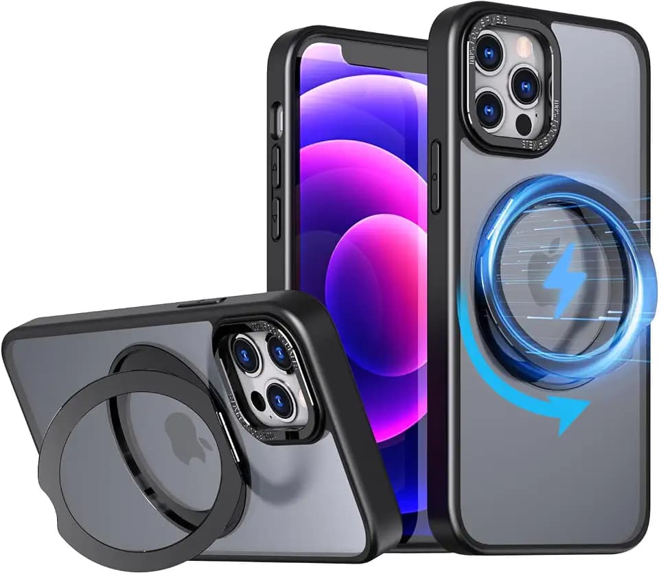 for iPhone 12 Pro Max Case, [Compatible with Magsafe][Built in Stand & Rotating Ring Holder] MIL-Grade Dual Layer Shockproof with Matte Hard Back, Full Protective Case for 12 Pro Max-Black