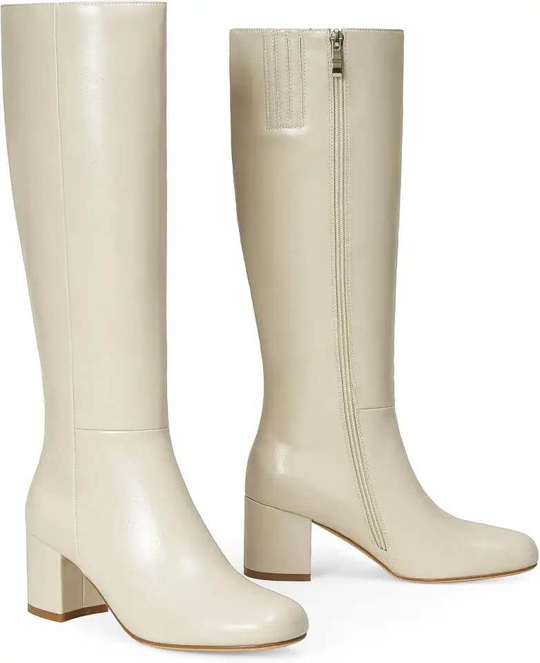 iiimmu Knee High Boots for Women Round Toe Chunky Heel 2.5 IN Tall Boots Side Zip Faux Leather