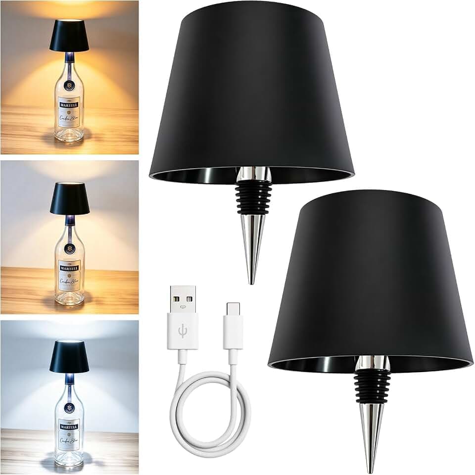 Janyang 2 Pack Rechargeable Wine Bottle Lamps, 3-Color Touch Dimmable Cordless Bottle Topper Lights for Liquor Bottles, Wireless LED Table Lamps for Bar, Restaurant, Party & Home Decor, Black