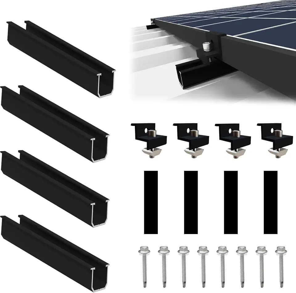 Solarmodul Halterung für 1X Module, PV Halterung Montageset - 12CM Schwarze Schiene + Verstellbare Klemme für 30-35MM Dicke Module, Alu Solarpanel Halterung Flachdach Trapezblech Blechdach