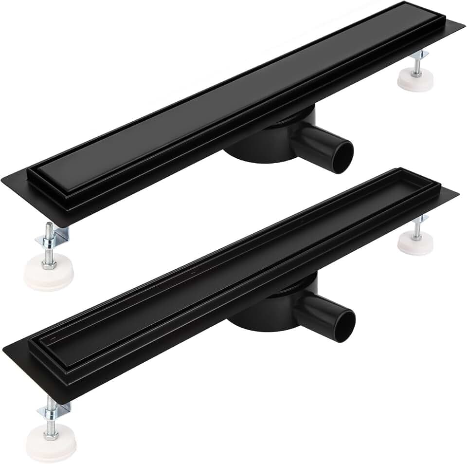 Duschrinne 60 cm Komplettset Schwarz, Edelstahl Ablaufrinne, Extra flache befliesbare Duschrinne mit Haarsieb, Geruchsstop und 360° Drehbar Siphon - Länge 30-120cm für bodenebene Duschen
