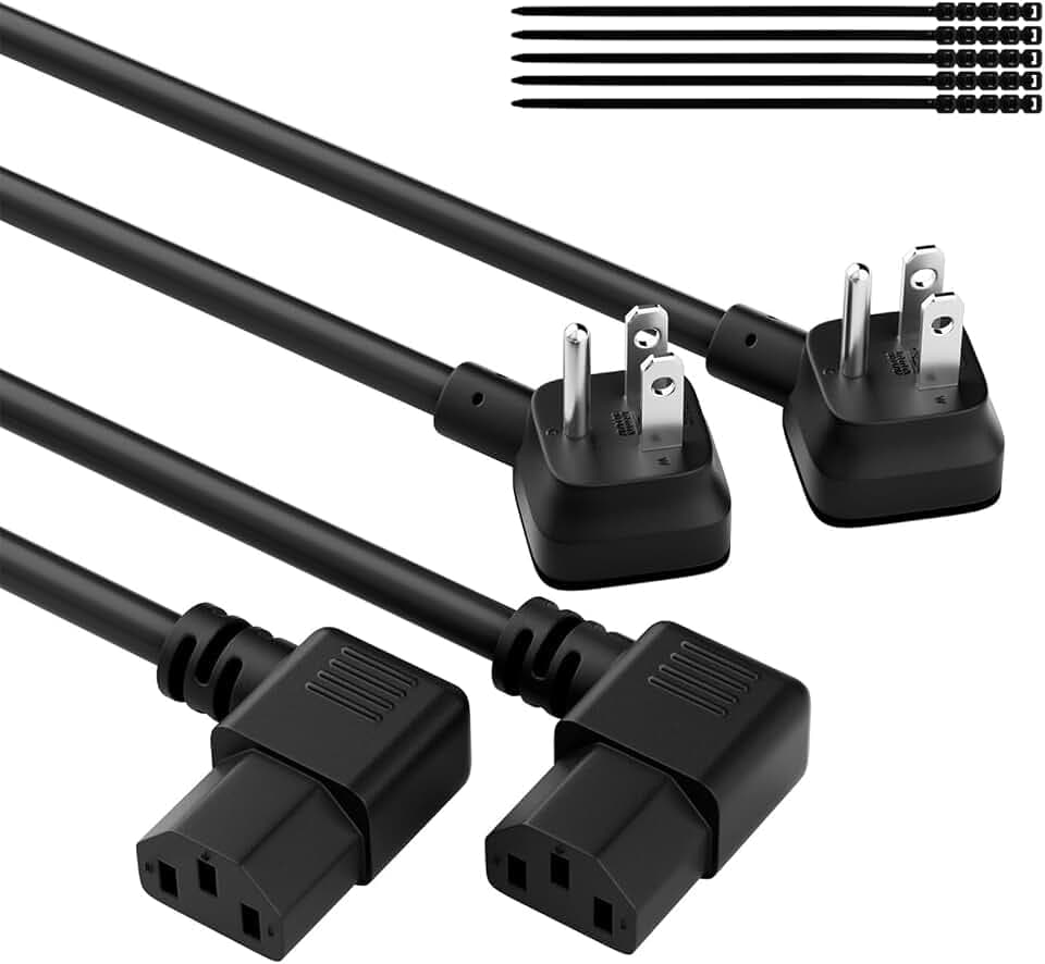 Elecan 3-Prong 45 Degree Flat to 90 Angled Plug Replacement Power Cord 3 Ft/2 Pack, Heatproof Flexible Durable AC Device Power Cable for Appliance Computer TV Monitor, ETL 18AWG 125V 10A