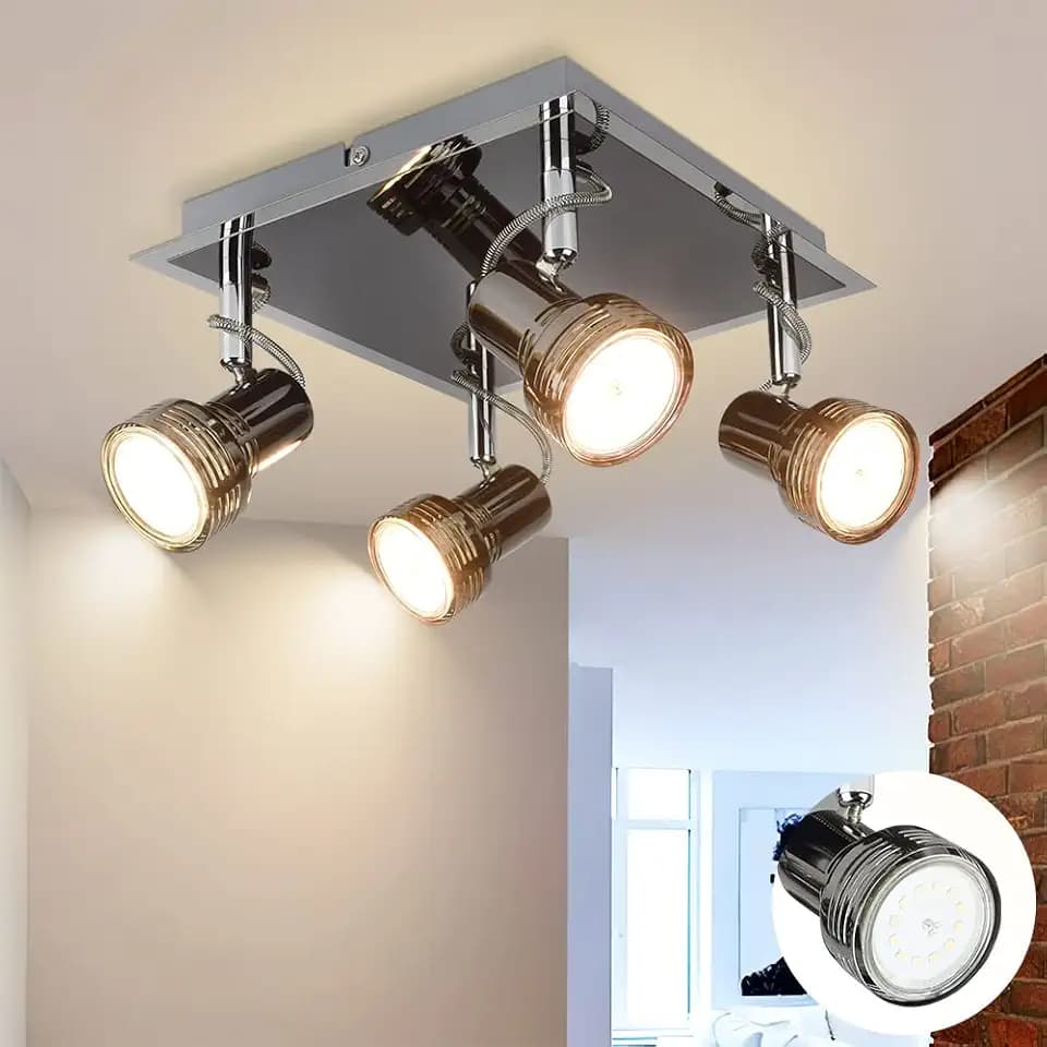 DLLT Modern LED Track Lighting Fixture,4-Light Square Ceiling Spot Lights,Flush Mount Directional Ceiling Track Light Kits for Kitchen, Living Room, Bedroom,Warm Light 3W GU10 Bulbs(Included)