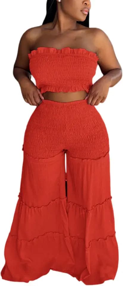 Women's Ruffle Smocked Tube Top & Tiered Wide-Leg Pants Set, 2-Piece Summer Outfit for Vacation, Beach, Casual