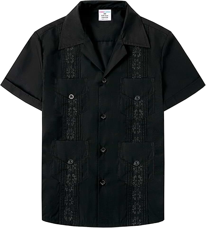 COSLAND Boy's Guayabera Shirts Short Sleeve Button Down Shirt, XS-L