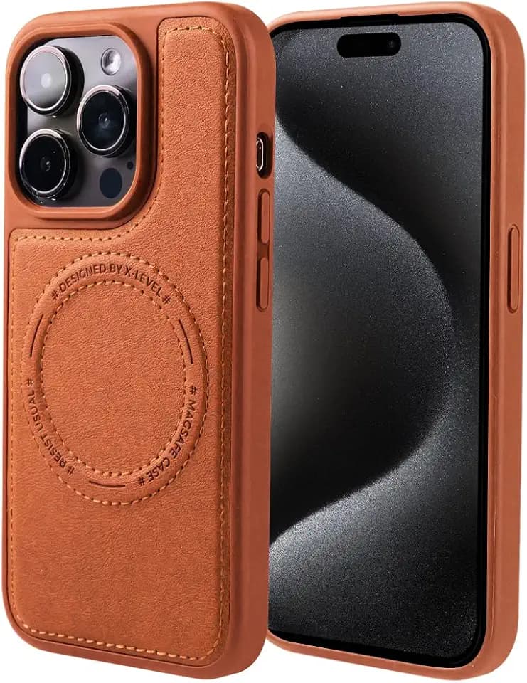 X-level Magnetic PU Leather Case for iPhone 15 Pro Max, Shockproof, Brown