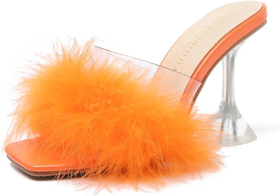 LIURUIJIA Women's Feather High Heeled Mules Slip On Sandals Square Toe Bridal Wedding Party Shoes Fuzzy Fluffy Sexy Clear Heels