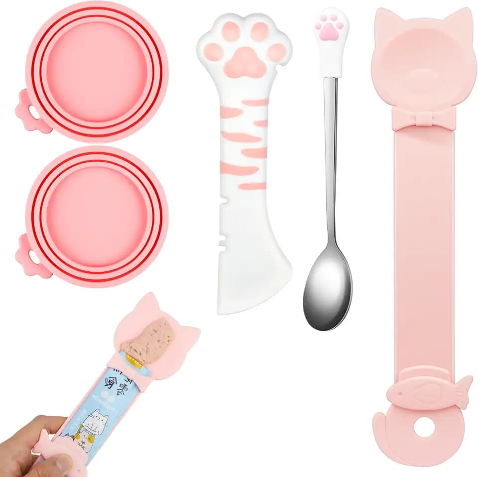 5 PCS Cat Food Can Covers Lids Set, Silicone Pet Food Can Lids with Multi-Function Cat Food Spoon and Opener, Cat Bar Squeezer, Stainless Steel Wet Food Spoon for Cats and Dogs (Pink) (Pink)