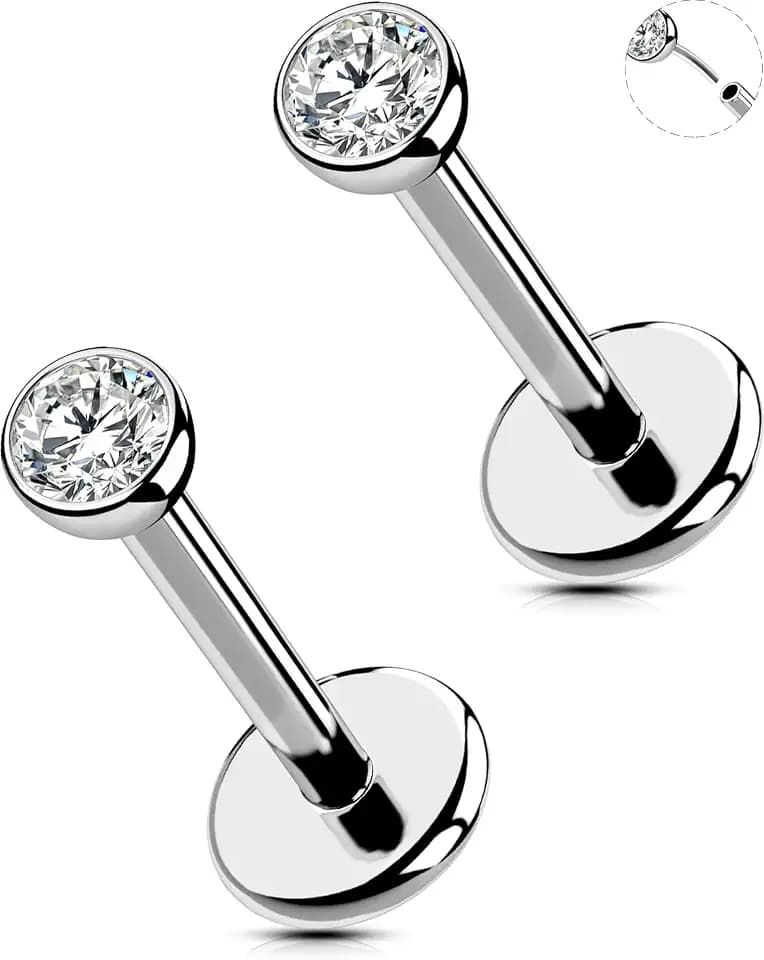 OUFER 2Pcs 20G/18G/16G G23 Titanium Threadless Nose Stud Earrings Flat Back Tiny CZ Small Nose Helix Cartilage Tragus Conch Labret Medusa Monroe Piercing Jewelry for Women Men