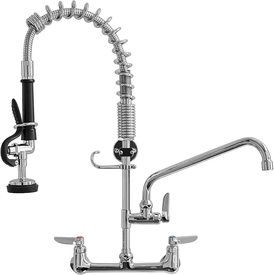 Fapully Kitchen Faucet with Pull Down Sprayer, Commercial Wall Mount Kitchen Sink Faucet with Pre-Rinse Sprayer, Chrome 8 Inch Center 25‘’ Height Commercial Sink Faucets with 12'' Swing Spout