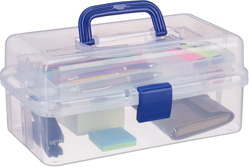 Relaxdays Transparente Plastikbox, 9 Fächer, Werkzeugbox, Nähkästchen, Werkzeugkoffer, Werkzeug, HBT 14x33x19 cm, blau