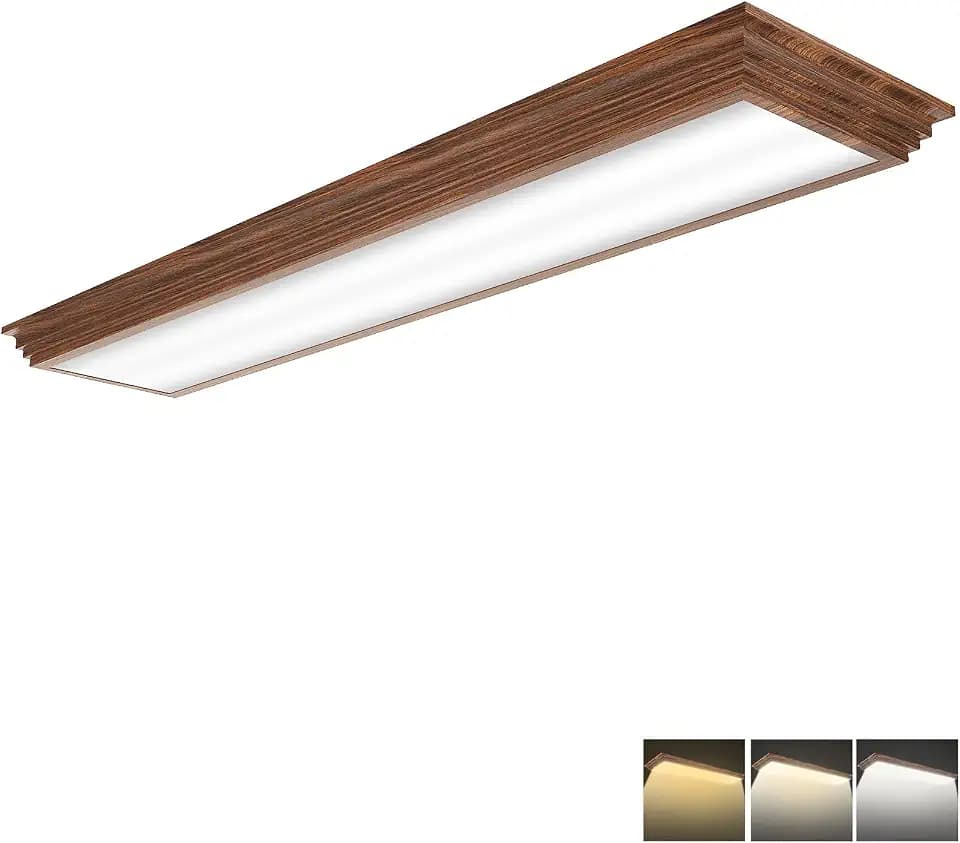 FAITHSAIL 4FT LED Light Fixture with 3000K/4000K/5000K CCT Selectable Dimmable 4 Foot LED Linear with Wooden Look 50W 5500LM Flush Mount Ceiling Wraparound for Kitchen, Bedroom, Laundry