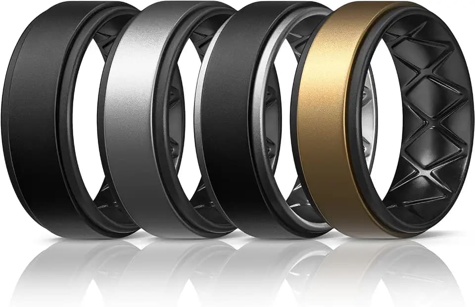 Egnaro Men's Wedding Rings 8mm Wide 2mm Thick Rubber Bands, Breathable and Flexible Step Edge Ring, Variety Multipack 1-7 For Gym Workout Travel Daily Wear
