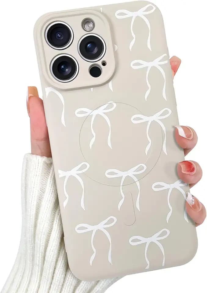 OOK Magnetic Cute Case for iPhone 15 Pro Max with White Ribbon Bow