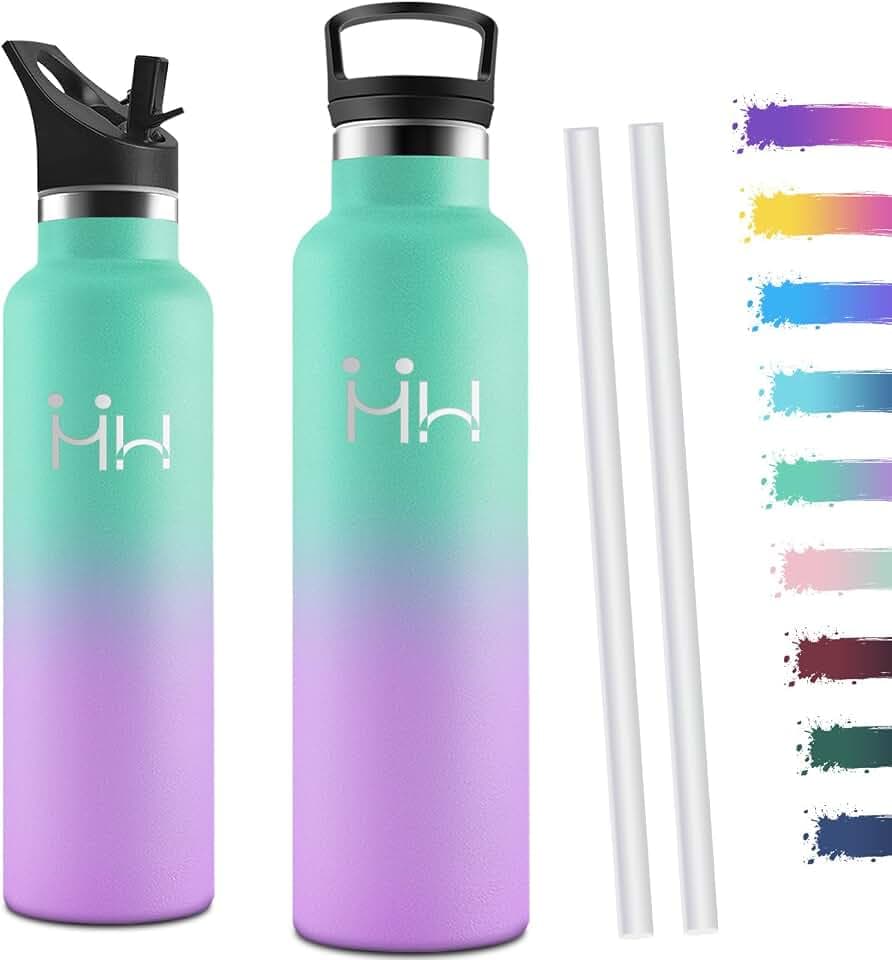 Motswedi Thermosflasche 1l, mit Strohhalm, Trinkflasche Edelstahl, Auslaufsicher, Trinkflasche 1l, mit 2 Deckeln, Wasserflasche, Isolierflasche für Travel, Sprudel, Outdoor, Seegrün & Hellviolett