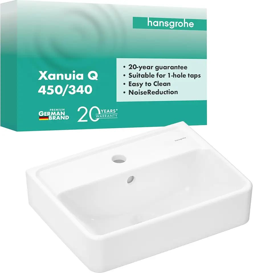 hansgrohe Xanuia Q - Handwaschbecken, kleines Waschbecken 450 x 340 x 105 mm mit Hahnloch und Überlauf, Waschbecken Gäste WC wandhängend, Weiß, 60130450