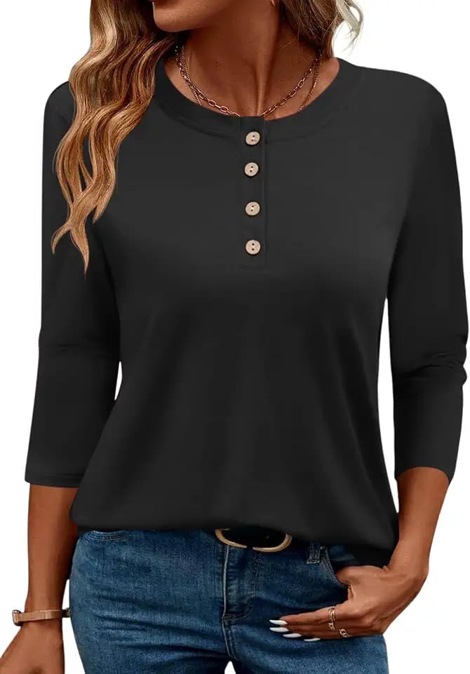 LOMON 3/4 Length Sleeve Womens Tops Crewneck Tunic Shirts