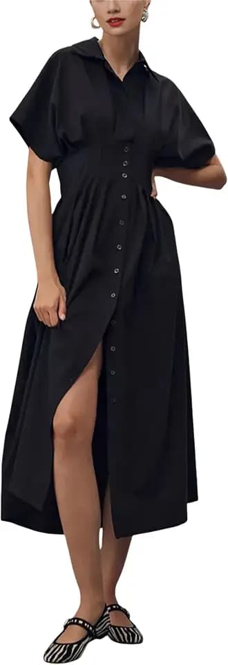 Yeokou Shirt Dress for Women Short Sleeve Button Front Casual Pleated Flowy Maxi Sundress with Pockets
