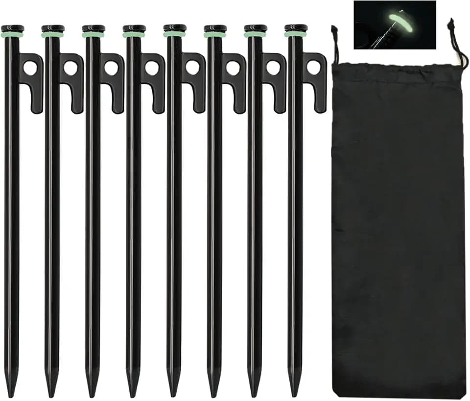 Heavy Duty Forged Steel Tent Stakes - 8Pcs 10in + Storage Pouch, Ideal for Rocks, Grassland, Desert, Stormy Weather