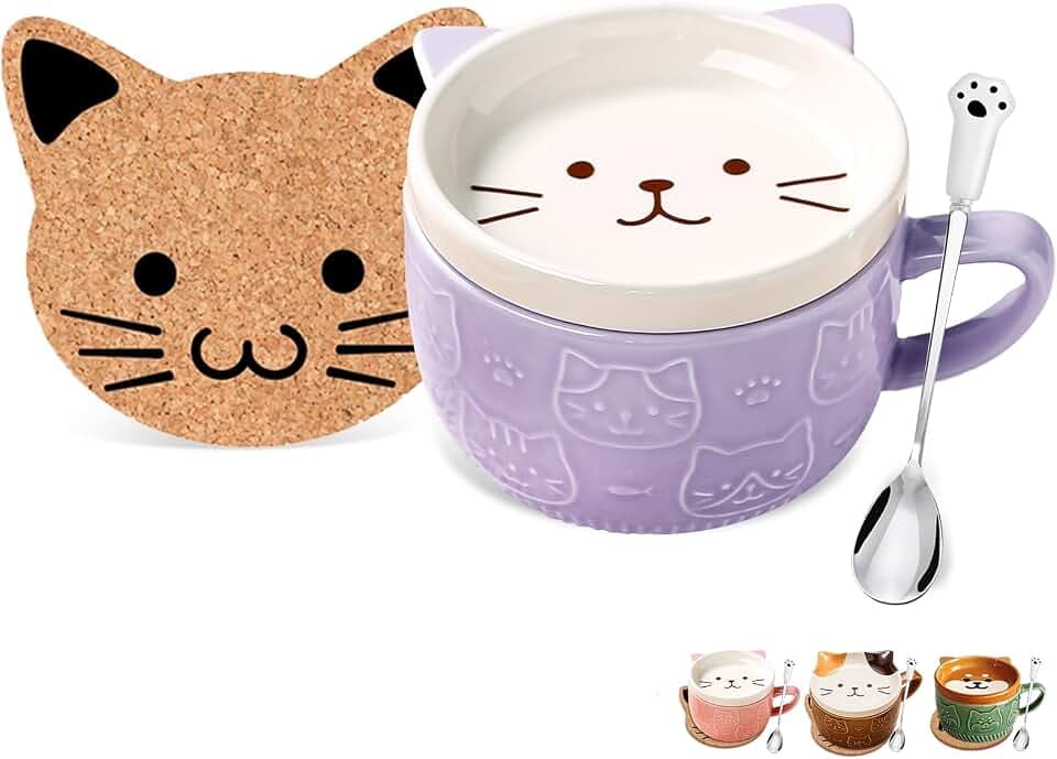 Geschenke für Frauen Süß Kawaii Lila Katze Lustige Tasse Kaffeetassen mit Deckel Set Kaffeetassen für Katzenliebhaber Frauen Mädchen Kinder Weihnachten Geburtstagsgeschenk Beste Freundin Geschenke