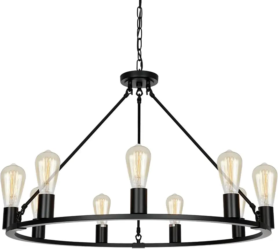 9-Lights Farmhouse Chandelier | Dia 32'' Black Wagon Wheel Chandelier | Rustic Hanging Dining Room Light Fixture | Apply to Living Room | Kitchen Island | Entryway | Foyer