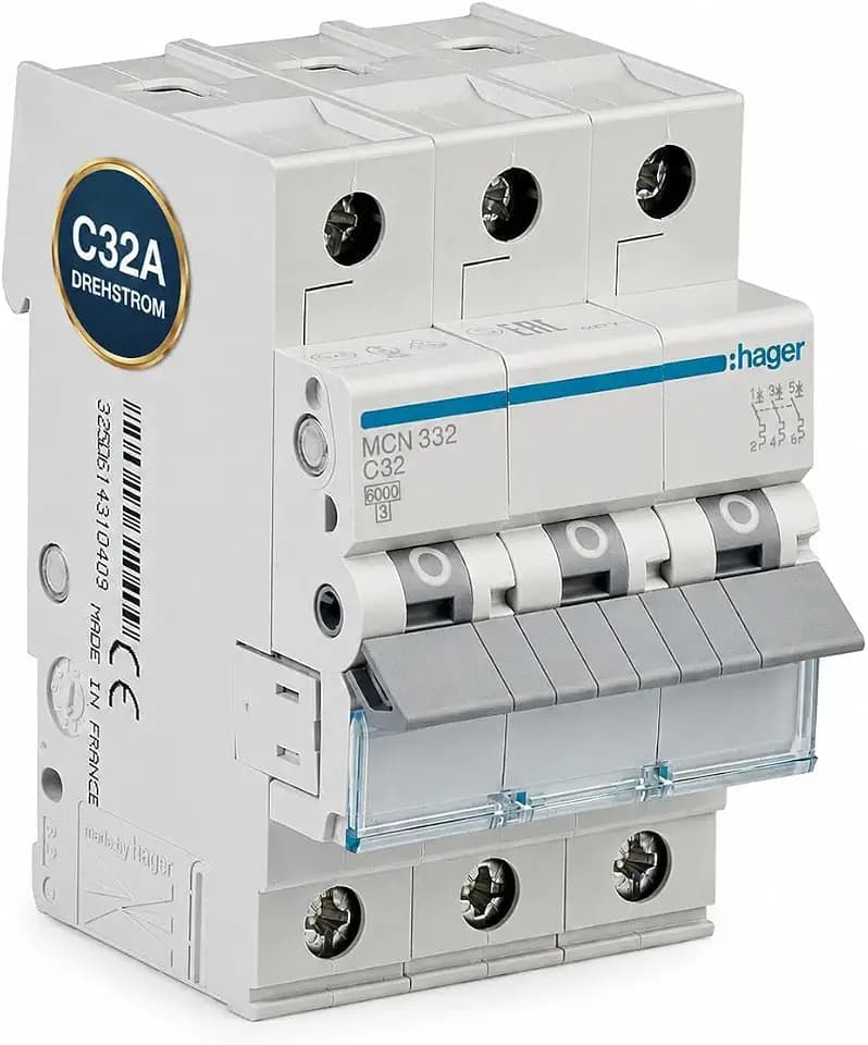 MCN332 Leitungsschutzschalter 3-polig C32A, LS-Schalter 32A für Drehstrom & Hutschiene, 6kA Sicherungsautomat, biconnect Klemmsystem, DIN EN 60898-1, 230/400V AC