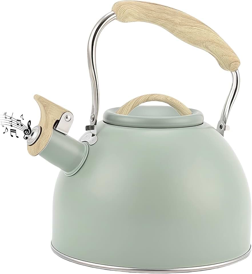Flintronic Wasserkessel, 3L Edelstahl Pfeifkessel, Flötenkessel mit Holzmasergriff, Teekessel für alle Kochplatten, Wasserkocher Teekocher für Tee & Kaffee (Grün)