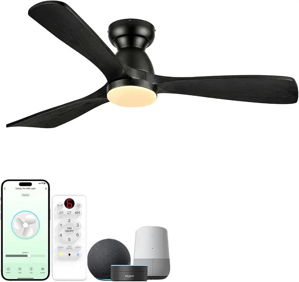 60in Smart Flush Mount Ceiling Fans with Lights,Outdoor Low Profile Ceiling Fan Quiet DC Motor,Work with Alexa/Gg Voice Control/App/Remote,Dimmable,6-speed,3 Wood blades Fan for Patio,Black