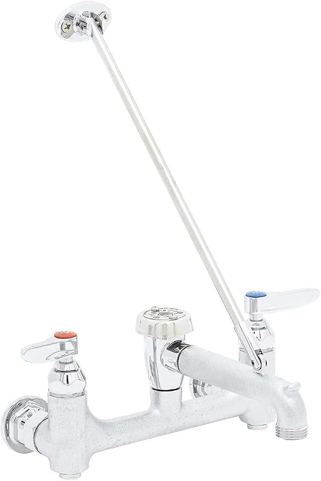 T&S Brass B-0665-BSTR Service Sink Faucet. 8" Wall Mount with Built in Stops, Vacuum Breaker, and Pail Hook. Rough Chrome with Garden Hose Male Outlet. (Pack of 1)