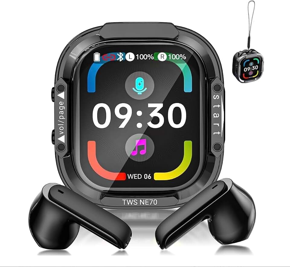 HTC NE70 Wireless Bluetooth Earbuds mit Touchscreen Ladehülle Open-Fit Ohrhörer für Musik und Anrufe, bis zu 60 Stunden mit Hülle, App-unterstützte Übersetzung, USB-C, Schwarz