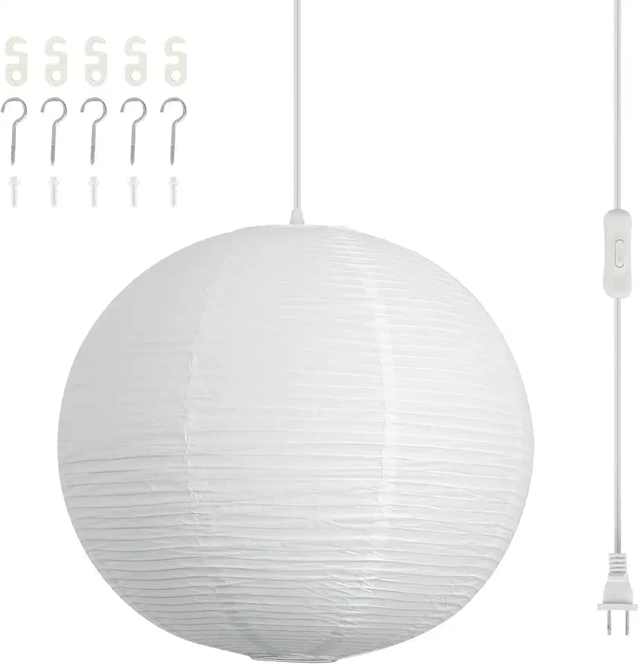 20in Paper Lanterns Plug in Hanging Lamp White, 19.7FT Cord