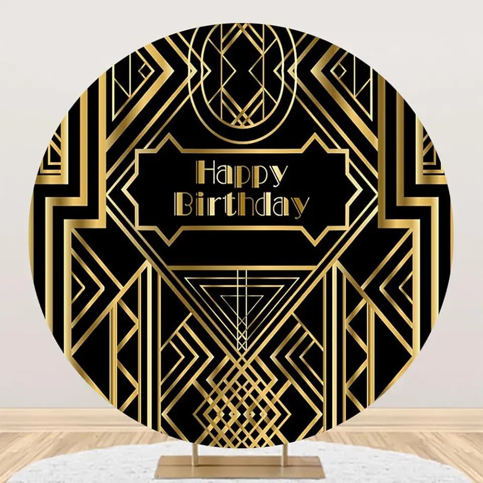 Renaiss 7x7ft Gatsby Happy Birthday Round Backdrop Cover Roaring 20's 20s Themed Circle Photography Background Vintage Black Gold Roars of 20's Dress-Up Birthday Party Decor Arch Photo Booth Props