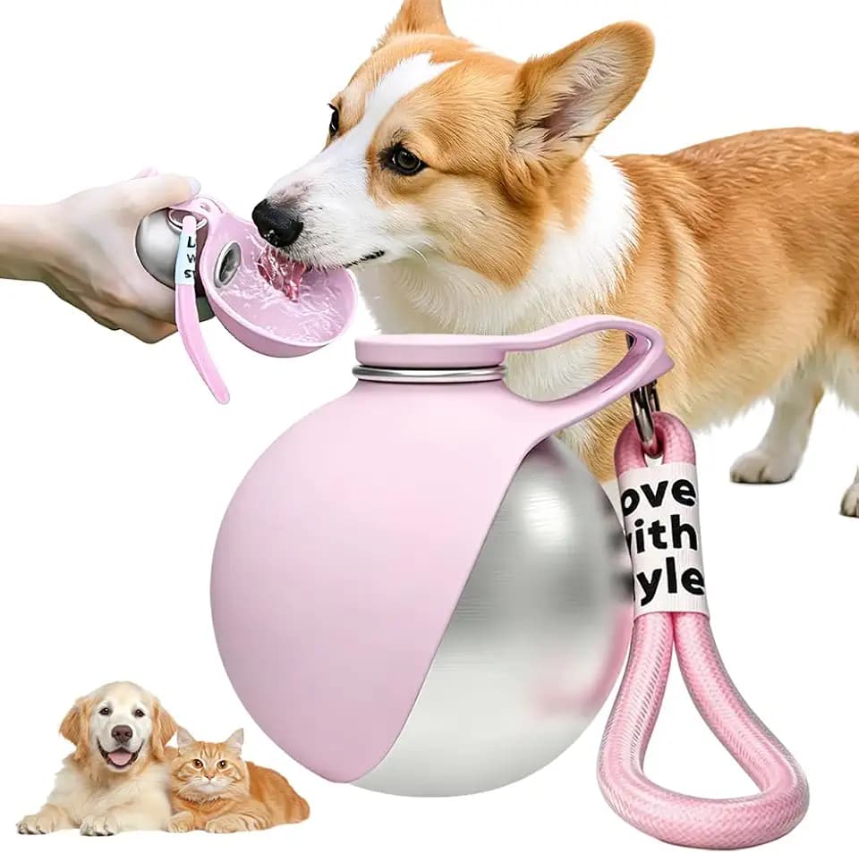 Trinkflasche Hunde für Unterwegs, 285ml Hundetrinkflasche für Unterwegs mit Faltbarem Silikonnapf, Auslaufsichere Edelstahl Hunde Trinkflasche für Katzen & Hunde, Spaziergänge Reisen Wandern, Rosa