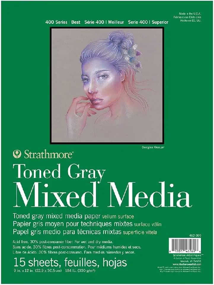 STRATHMORE Toned Gray Mixed Media, 400er Serie, graues, recyceltes Mixed Media Papier, 300 g/m², an der kurzen Seite geleimter Block, 23 x 31 cm, Grau, 15 Blatt