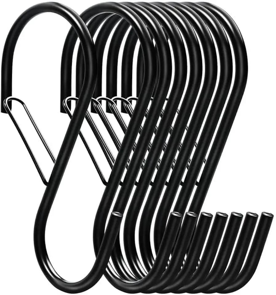 DINGEE 4 Inch Heavy Duty S Hooks for Hanging with Safety Buckle, 8 Pack Black Large Opening S Shaped Metal Hooks, Anti-Fall Utility Hooks for Kitchen Pots Pans, Plants, Closet, Jeans
