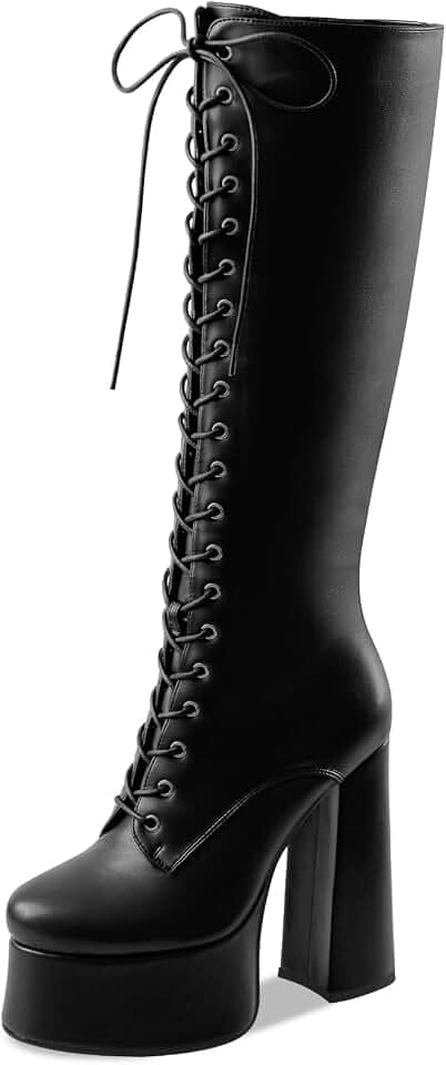 Women's Black Chunky Platform Knee High Boots Lace Up Goth Boots