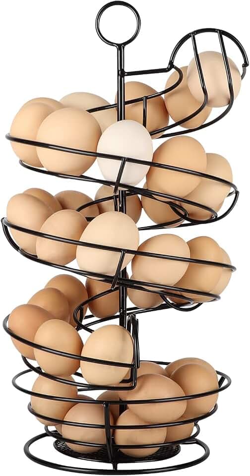 QUTREY Black Metal Egg Holder Countertop, Fresh Egg Skelter, Spiral Design Egg Dispenser Rack with Storage Basket for Display Easter Eggs