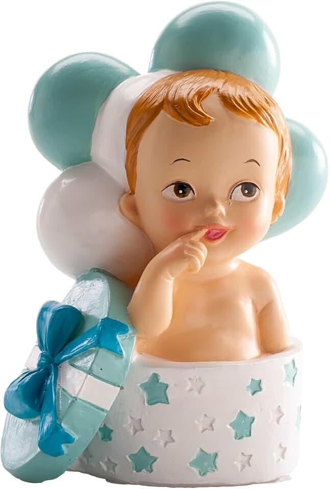 dekora – Taufdeko Junge in Geschenkbox 10 cm – Tortenfigur für Taufe – Tortendeko für Tauftorte – Aus lebensmittelechtem Harz gefertigt – Originelles und detailreiches